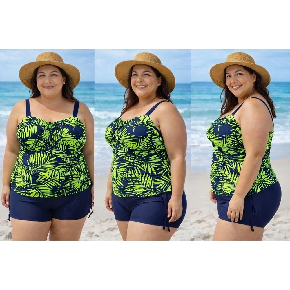 Cupshe Tropical Palm‎ Leaf Tankini Set Neon Green Navy Blue Boy Shorts Swimsuit